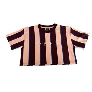 Obey Crop Top Tee Short Sleeve Womens Size S Pink & Burgundy Striped Relaxed Fit